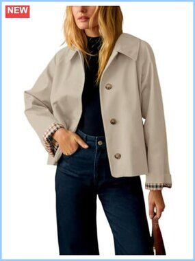 Oversized Crop Trench Coat Plaid Lining Button Down Casual Jacket
